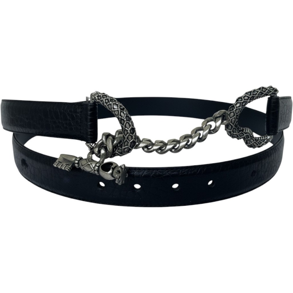 Vicenza Italy Black Calfskin Leather Snake Chain Belt Skull Key Charm Size 26